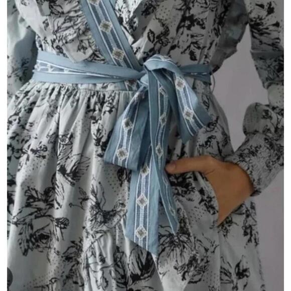 womens anthropologie blue pattern wrap long sleeve dress size XXS $170 - Picture 4 of 9